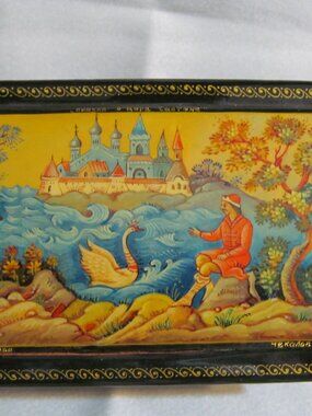 Russian Black Lacquer Box Tale of Tsar Saltan Swan Princess Mstera Signed